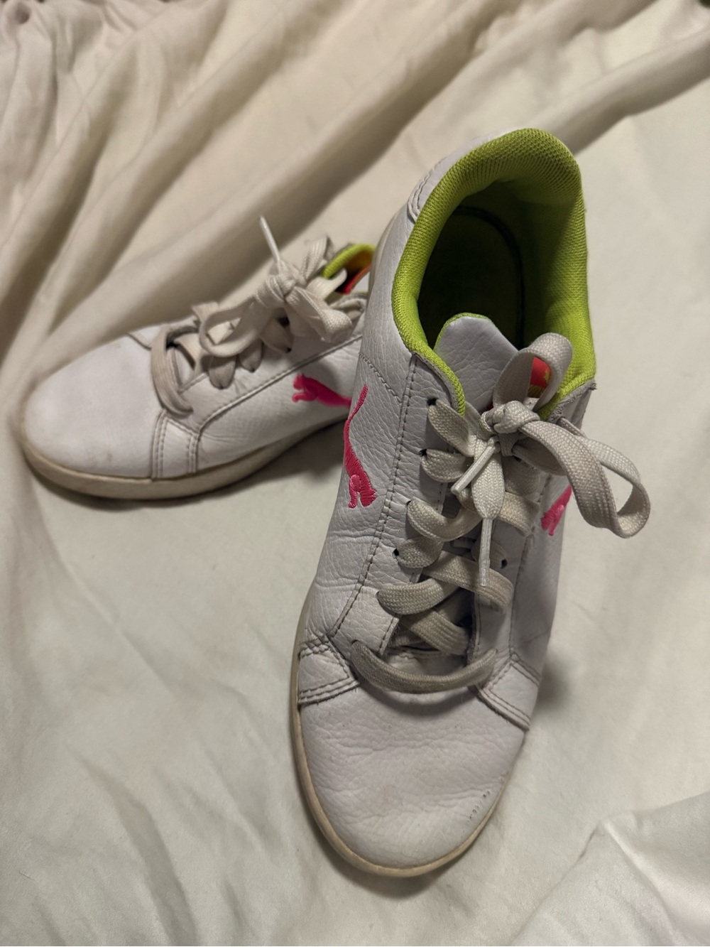 Puma White Leather Sneakers with Pink Logo and Lime Interior
